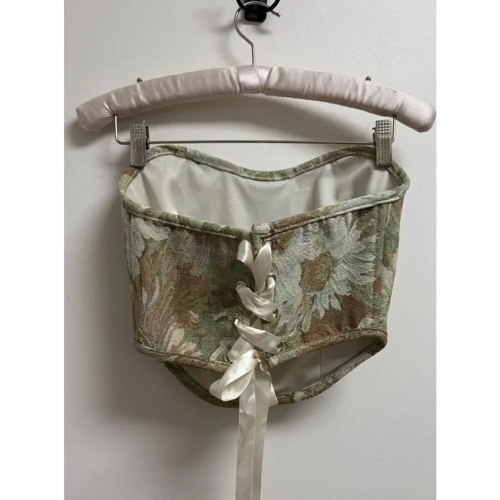TIC TOC Floral Tapestry Corset Top S Lace-Up Bustier Brocade Cottagecore - Picture 2 of 4